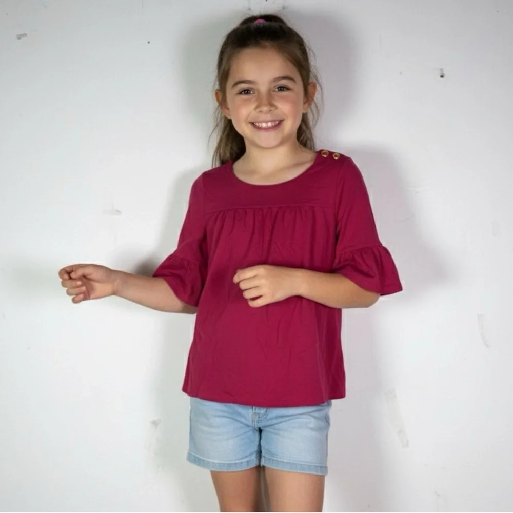 GAP Kids Fuchsia Flutter Ruffle Sleeve Top Gold Button Detail Girls S‎ 6-7 NWOT